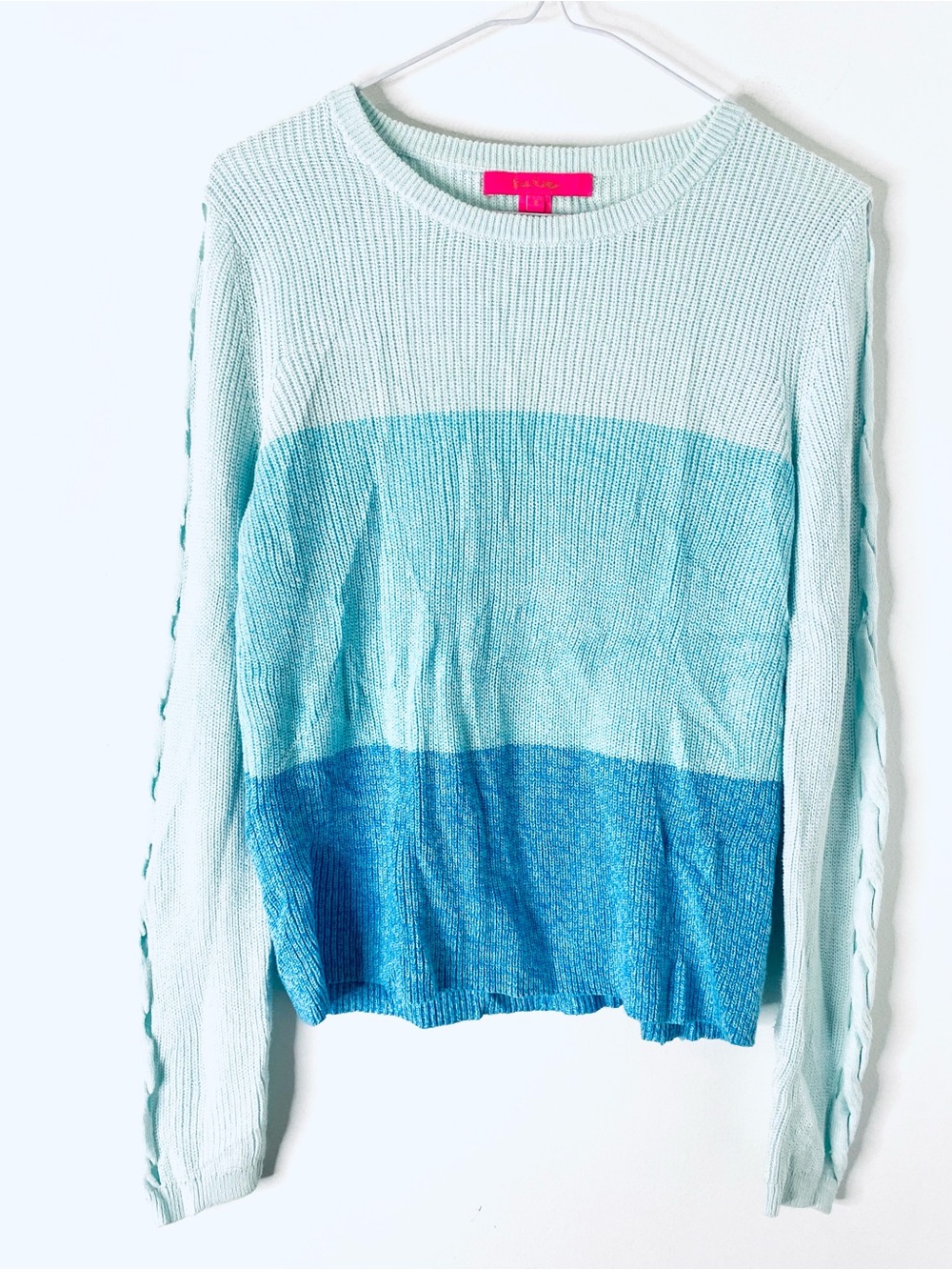 Lilly Pulitzer Blue Colorblock Cable Sleeve Cotton Knit Sweater